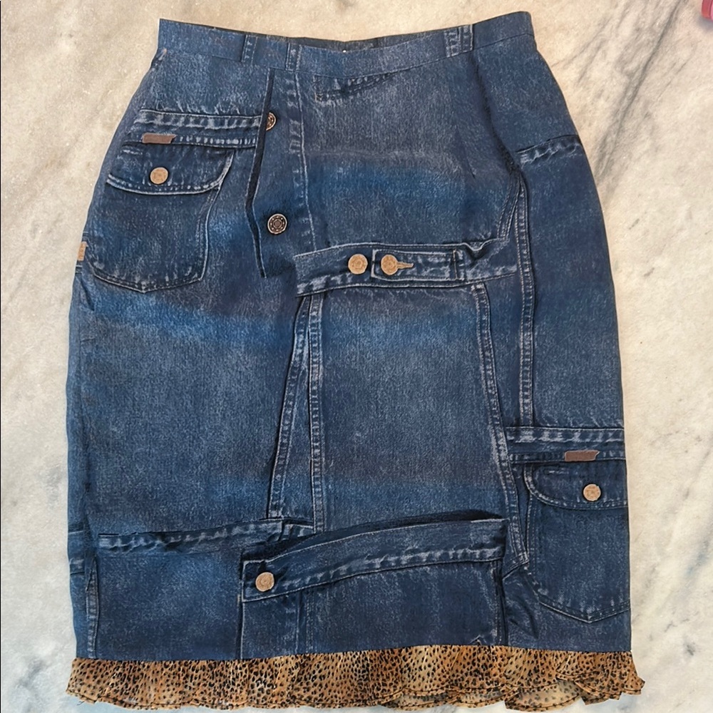 Denim Patchwork Skirt with Leopard Trim